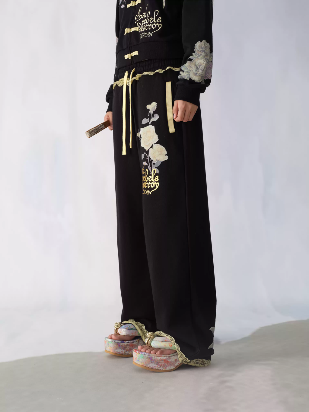 Black Floral Embroidered Sweatpants – "Chai Rebels Destroy" Graphic