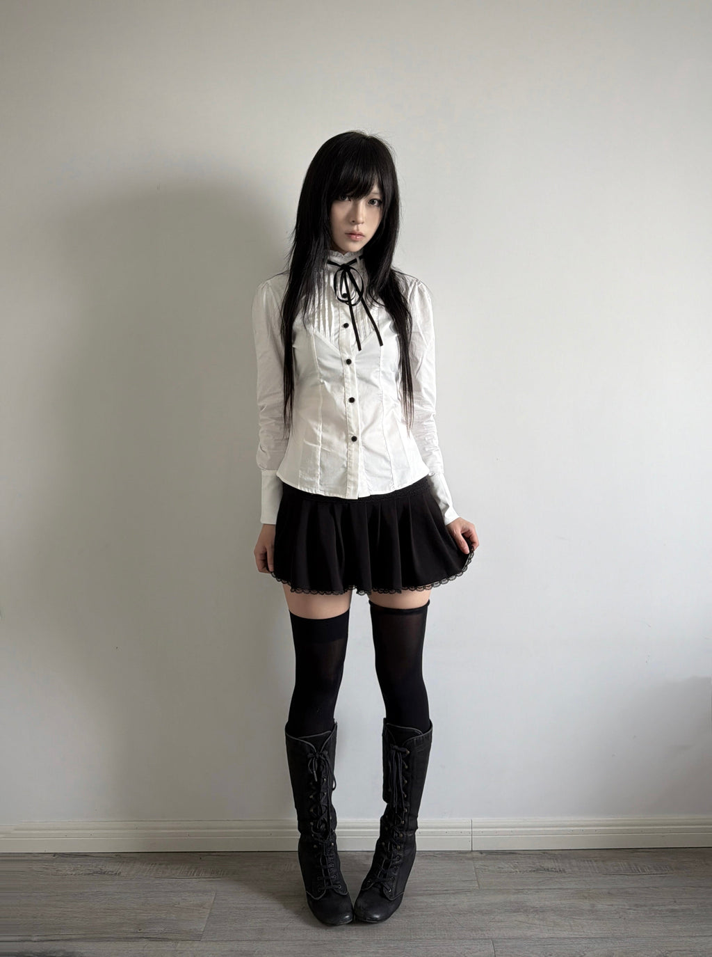 Accordion-Pleated Tie Stand-Collar Cotton Blouse with Fitted Waist