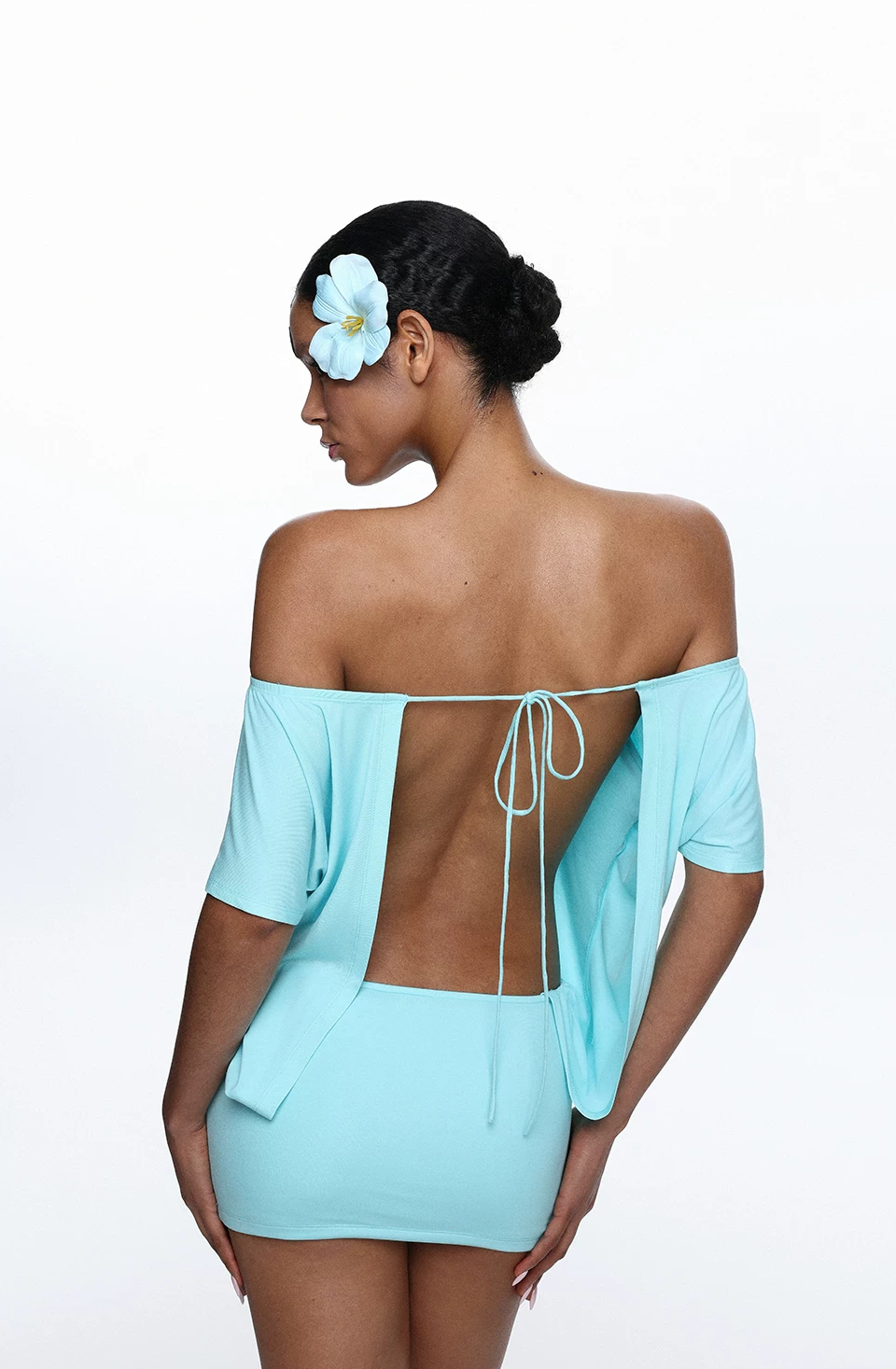 Teal Off-Shoulder Backless Dress