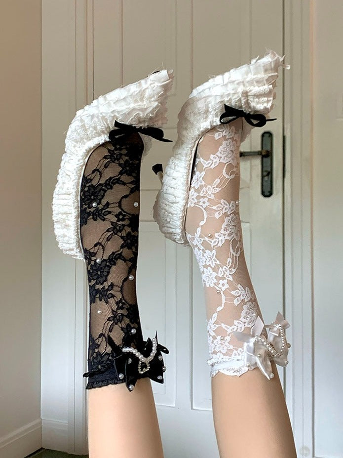 Black/White Sheer Lace Ankle Socks with Bow and Pearl