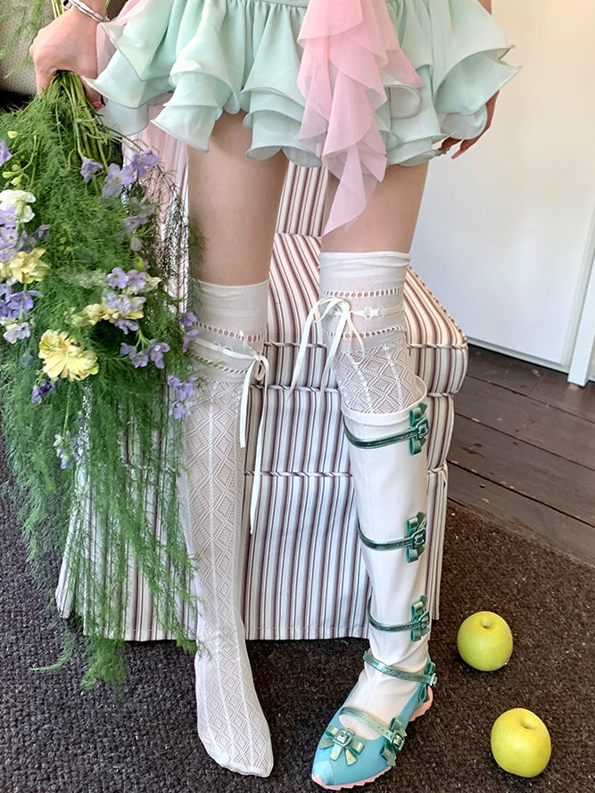 Self-Tie Strap Diamond Pattern Over-Knee Stockings