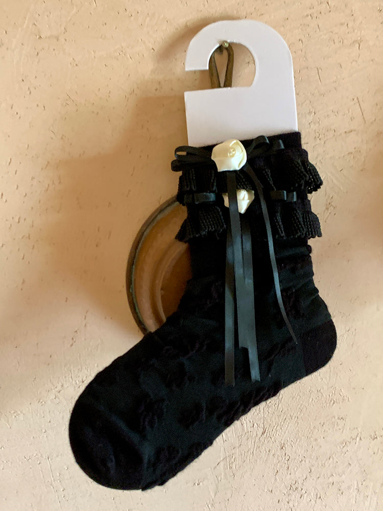 White/Black Lace Trim Calf Socks with Camellia Bow