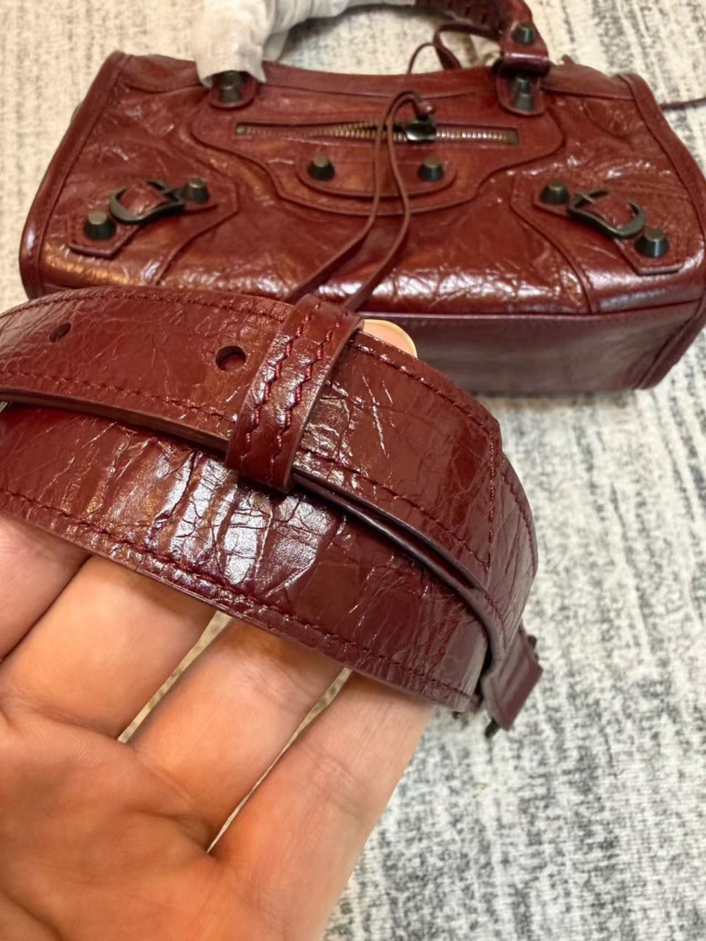 Studded Crinkle Leather Motorcycle Tote City Bag