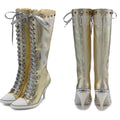 Ooops333 Y2K Studded Glitter Canvas High Top Heels | Metallic Lace-Up Platform Boots