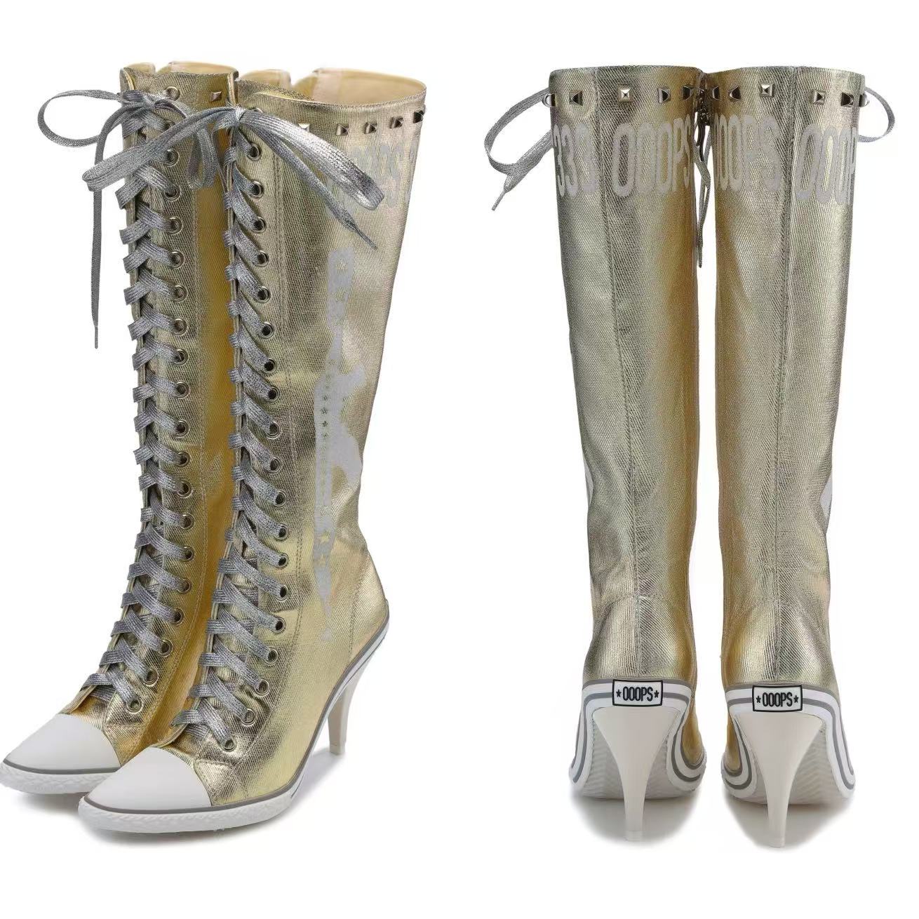 Ooops333 Y2K Studded Glitter Canvas High Top Heels | Metallic Lace-Up Platform Boots