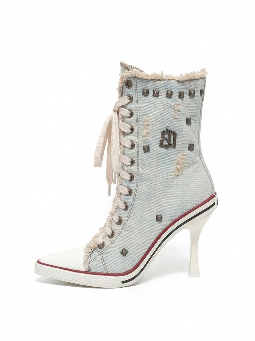 Distressed Studded Canvas High Heels
