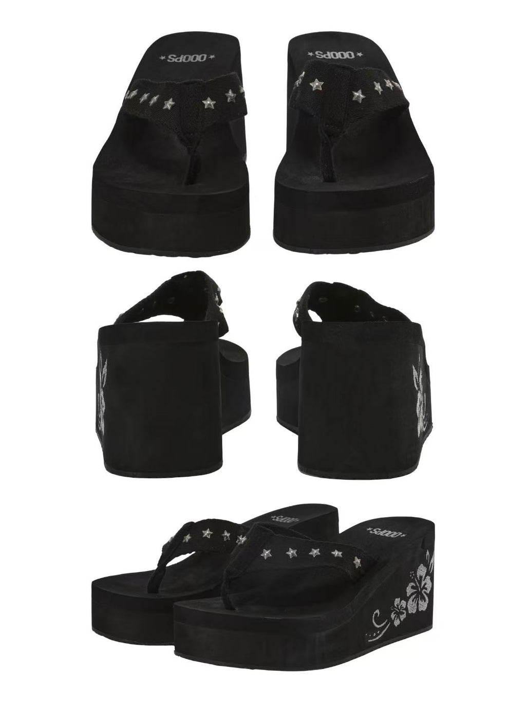 Ooops333 Y2K Star & Hibiscus Charm Platform Sandals | Retro Wedge Flip Flops