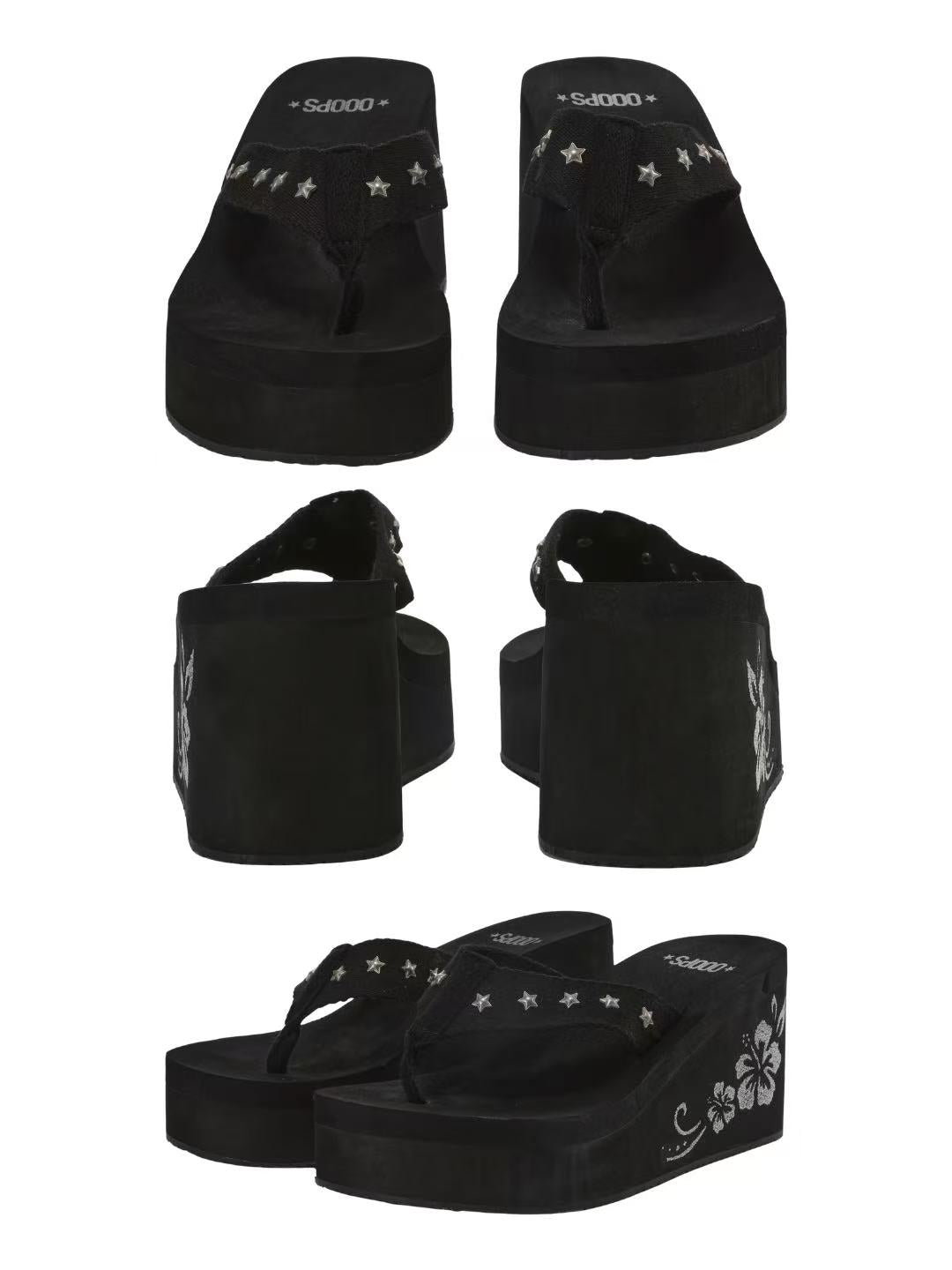 Ooops333 Y2K Star & Hibiscus Charm Platform Sandals | Retro Wedge Flip Flops
