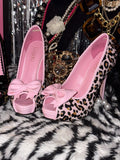 Gyaru platform high heels with flocked upper, fish mouth and leopard print