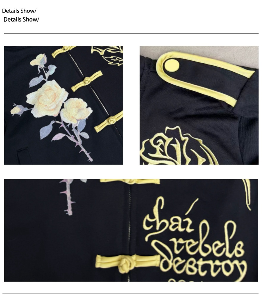 Black Floral Embroidered Zip Hoodie – "Chai Rebels Destroy" Graphic