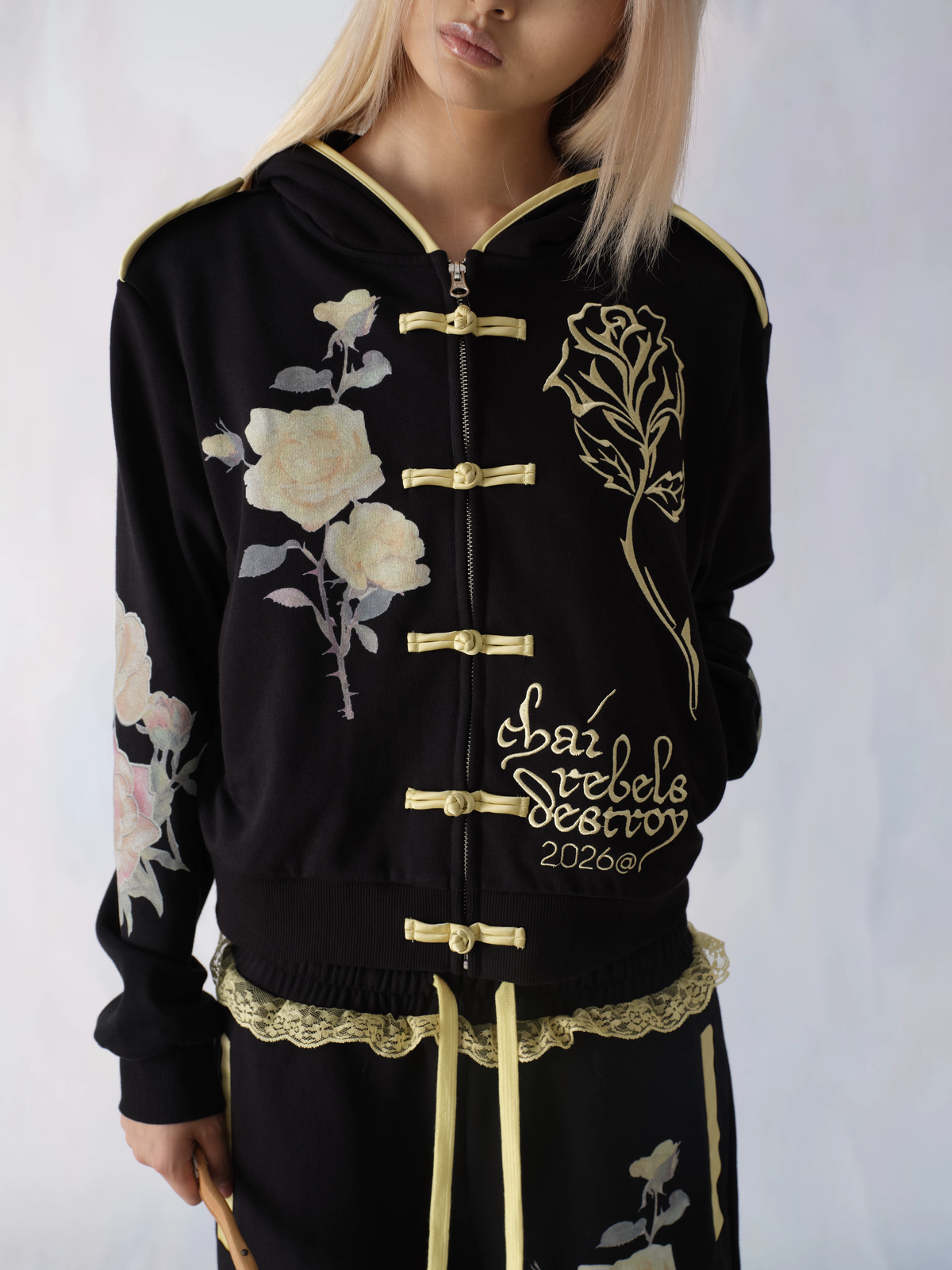 Black Floral Embroidered Zip Hoodie – "Chai Rebels Destroy" Graphic