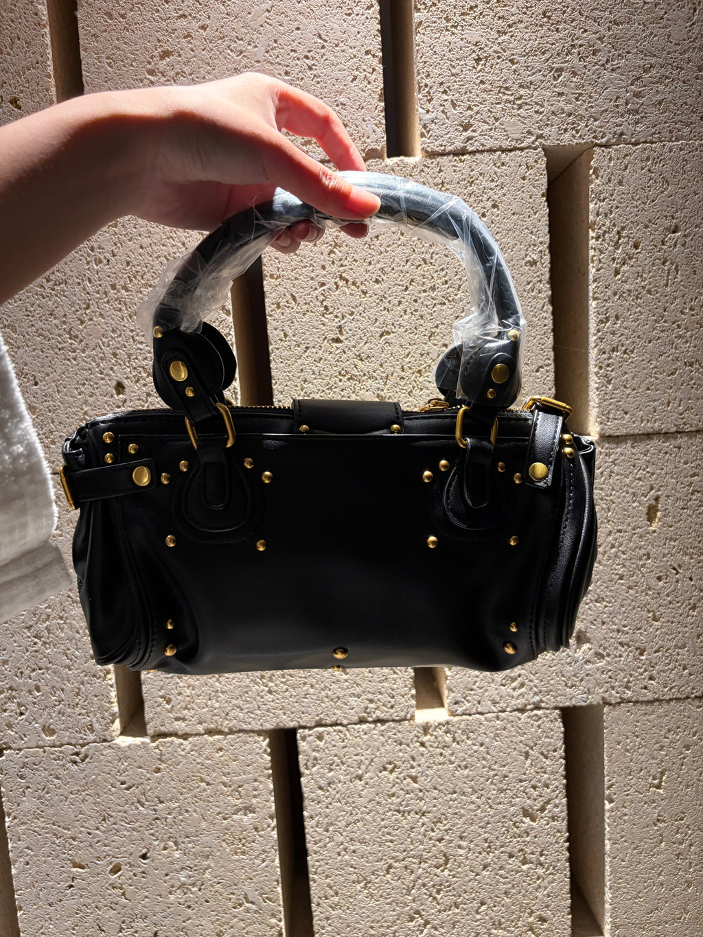 Padlock Structured Microfiber Leather Satchel