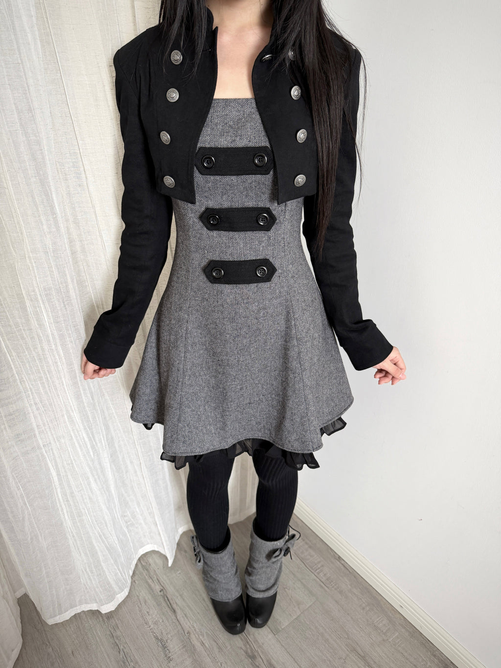 Limited-Run Retro Herringbone Long Pinafore Dress – Wool Blend with Strap Loops & Double-Breasted Buttons