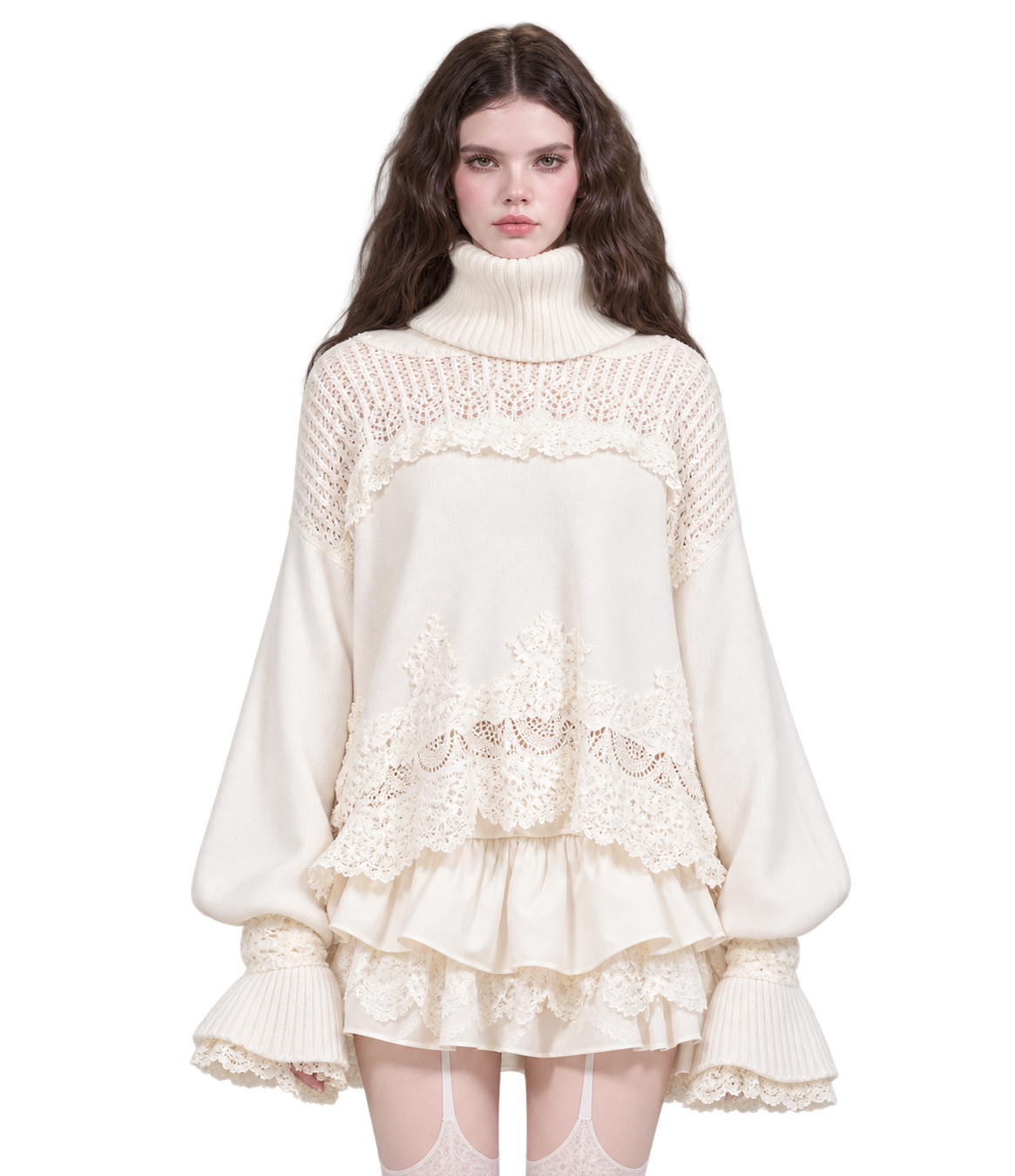 White mohair lace knit set with top and skirt