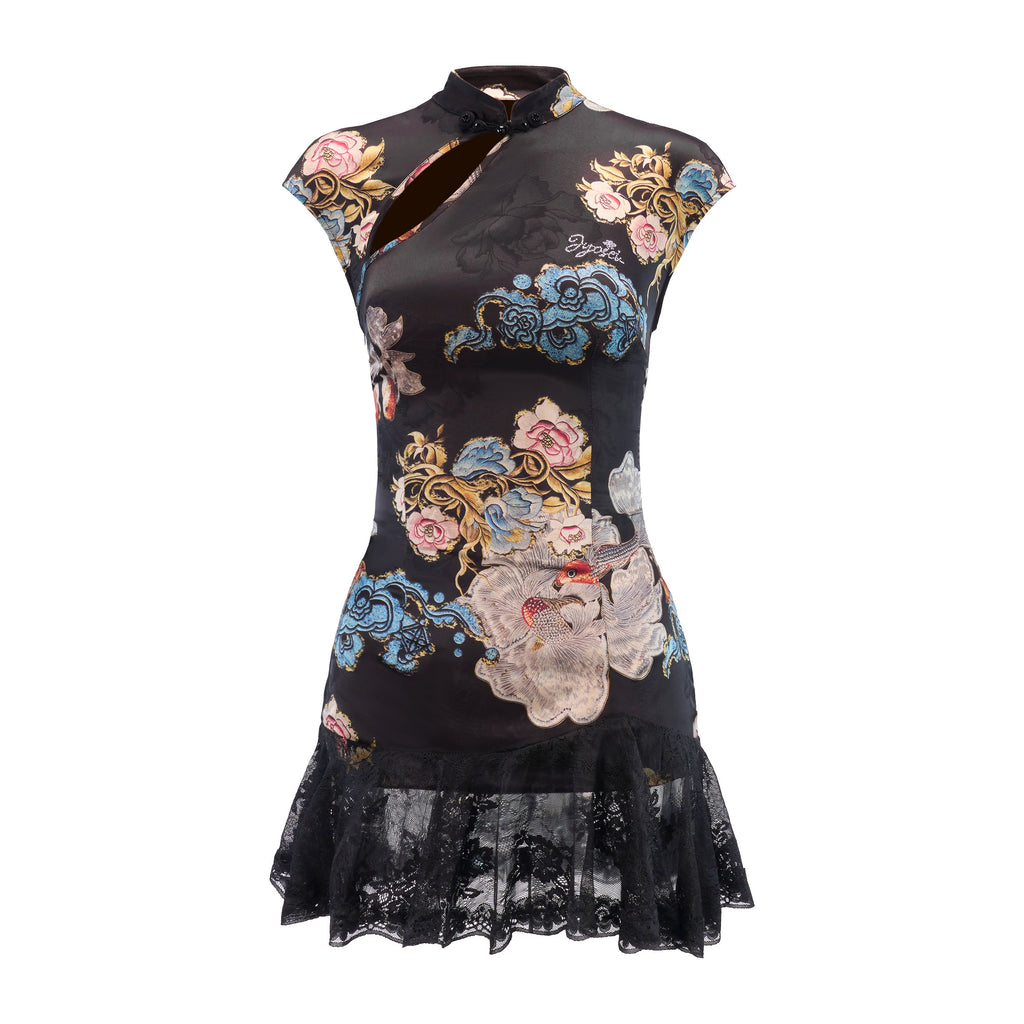 Roxy Black Jacquard Qipao-Inspired Cut-Out Dress with Lace Hem