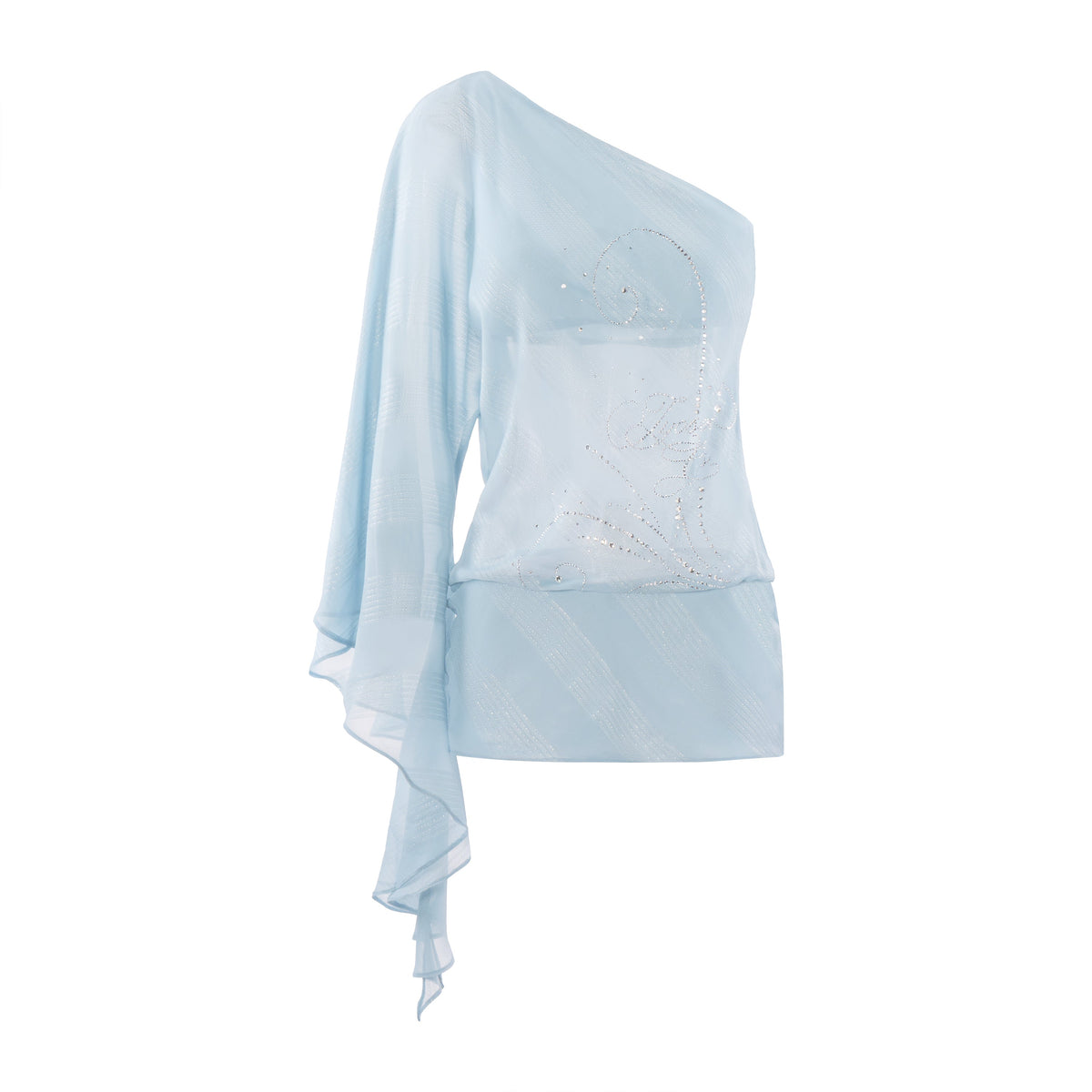 Ice Blue One-Shoulder Rhinestone Silver-Thread Chiffon Dress