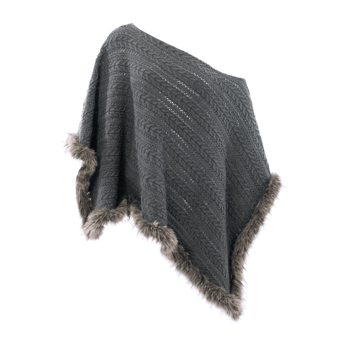 Sloane Grey Merino-Blend Off-Shoulder Chunky Cable-Knit Sweater with Fluffy Trim