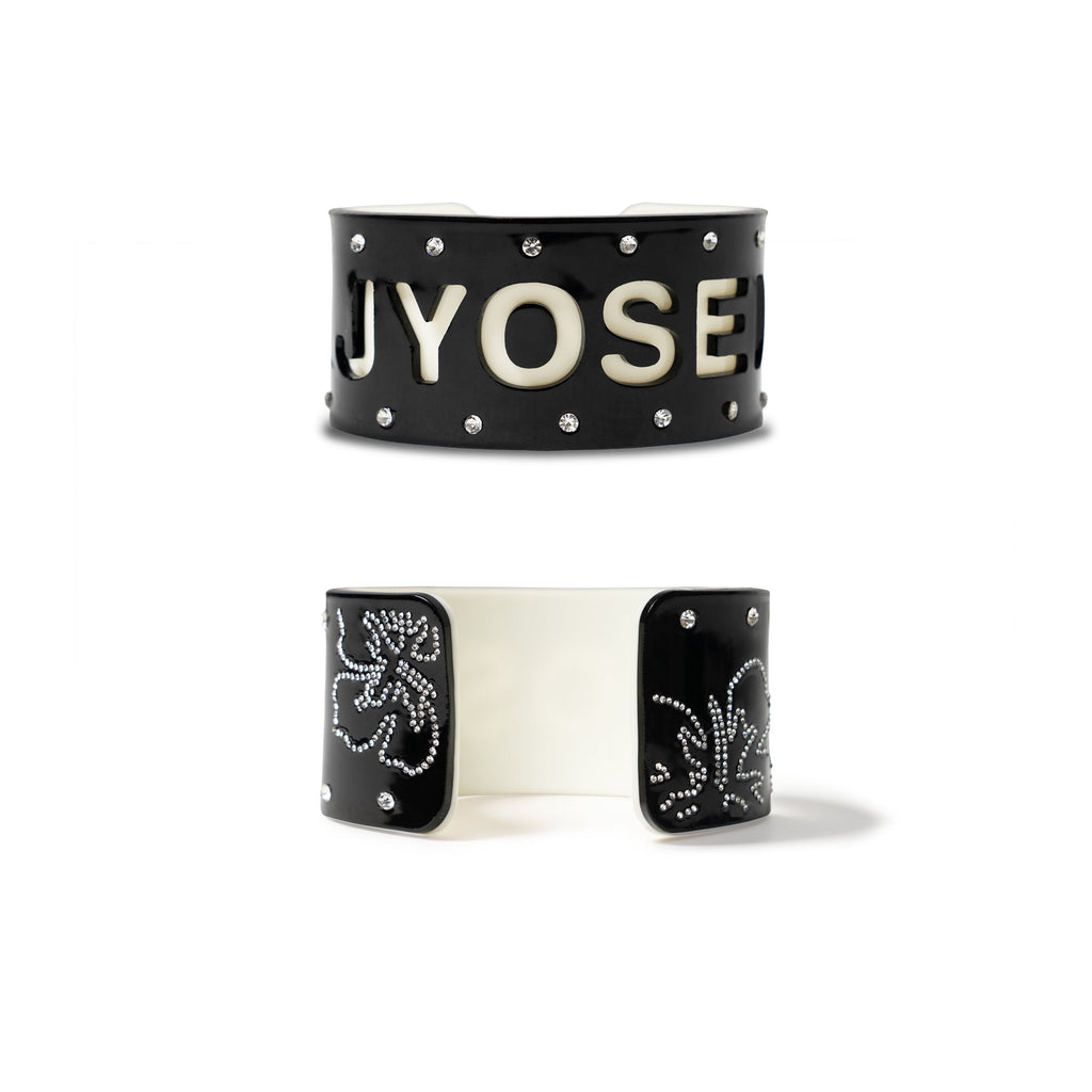 Sloane Black and White Acrylic Rhinestone Laser-Engraved Wide Cuff Bracelet