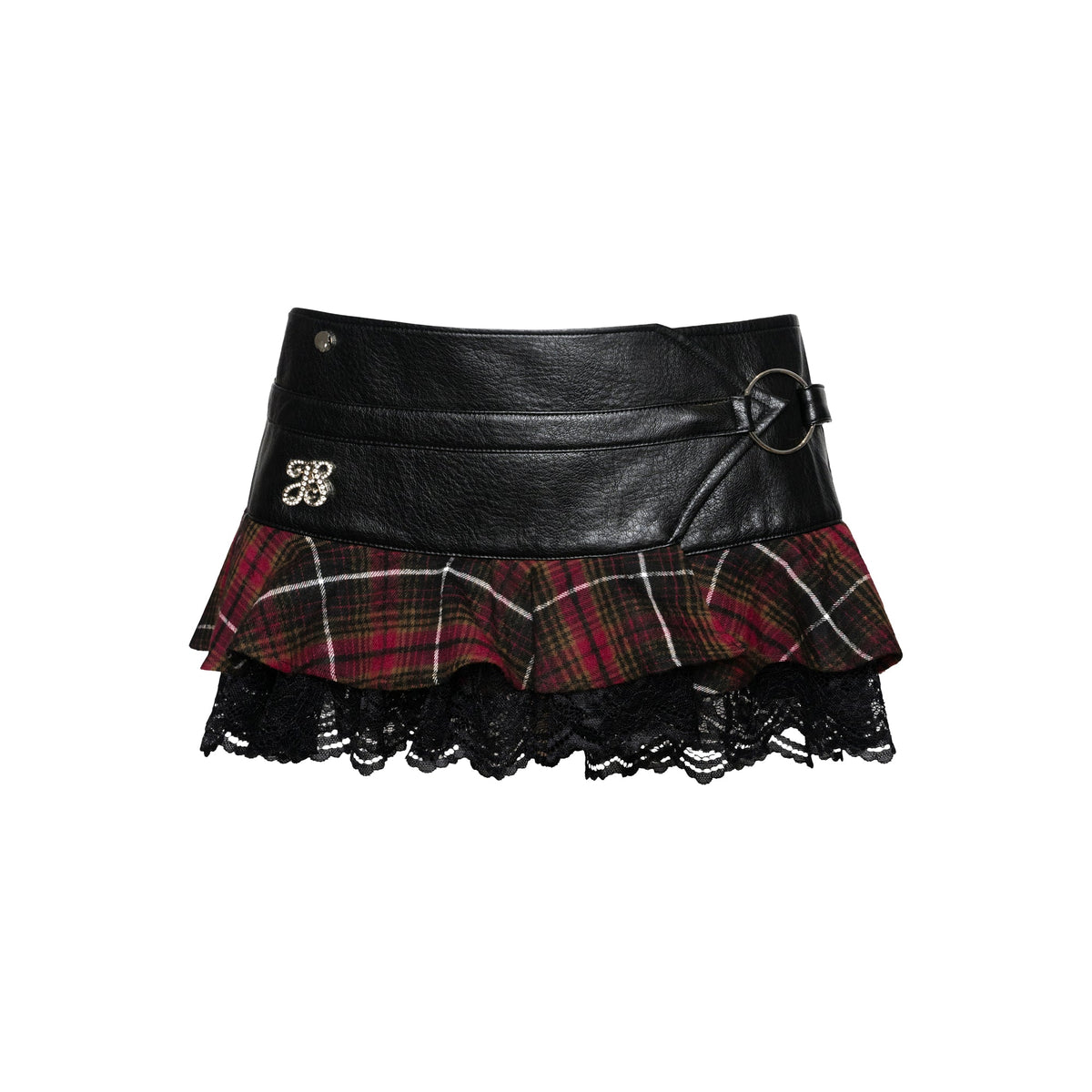 Sloane Low-Rise Red Plaid PU Leather Rhinestone Lace Pleated Mini Skirt