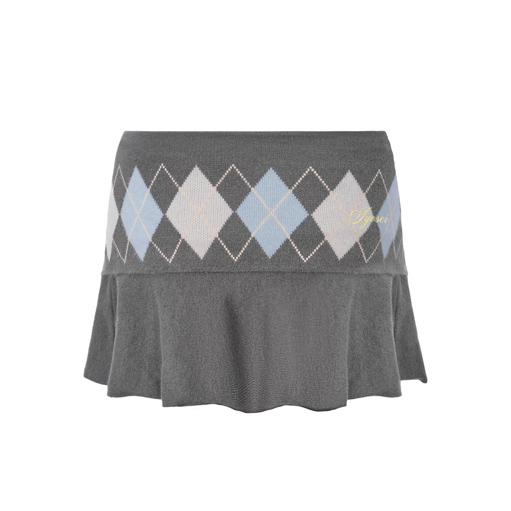Lola Grey-Blue Argyle Knit Low-Rise Folded Waistband Mini Skirt