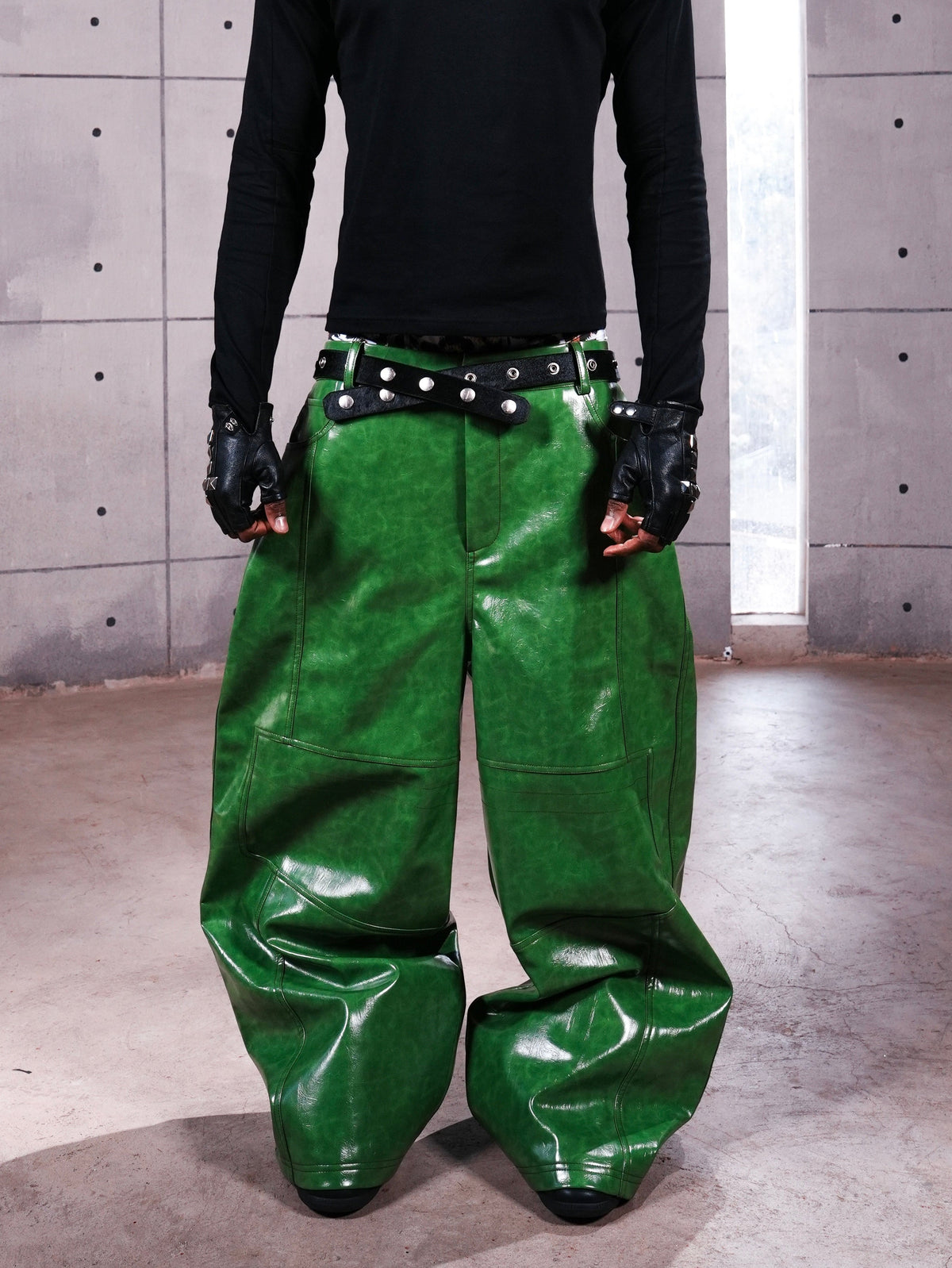 Green Liquid Leather Wide-Leg Pants