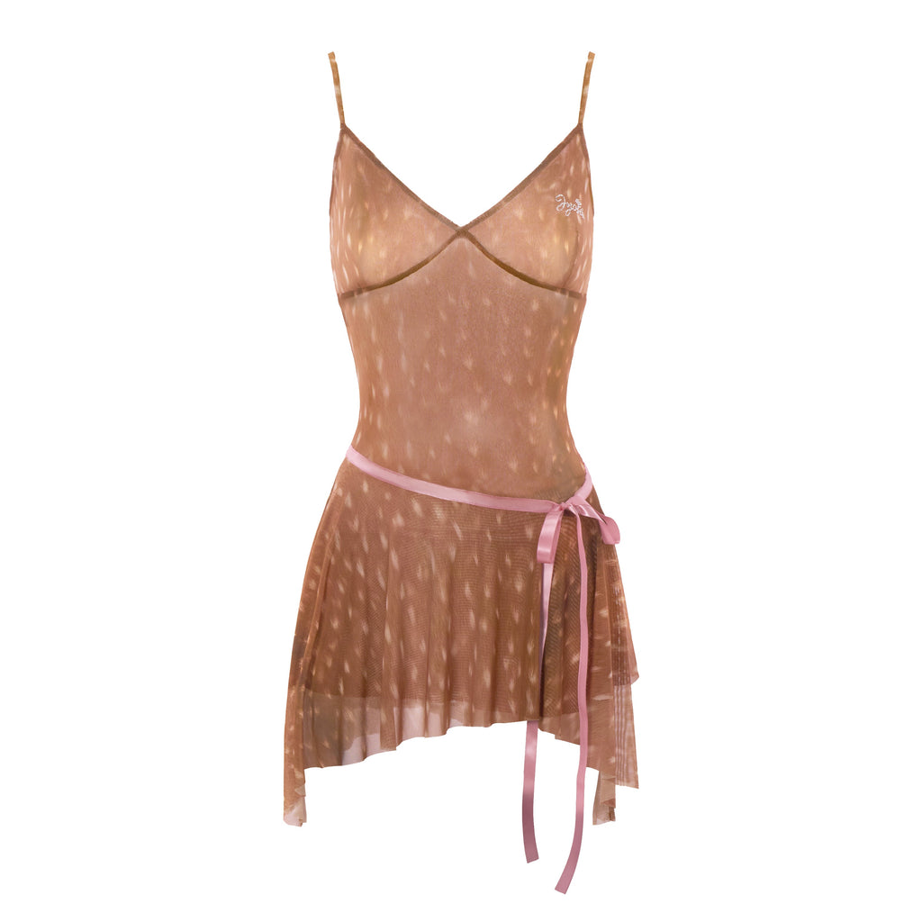 Bambi Fawn Print Mesh V-Neck Camisole Mini Dress with Pink Ribbon and Asymmetric Hem