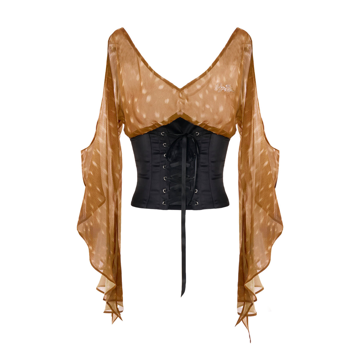 Bambi Fawn Print Off-Shoulder Chiffon Top with Black Satin Corset Waist