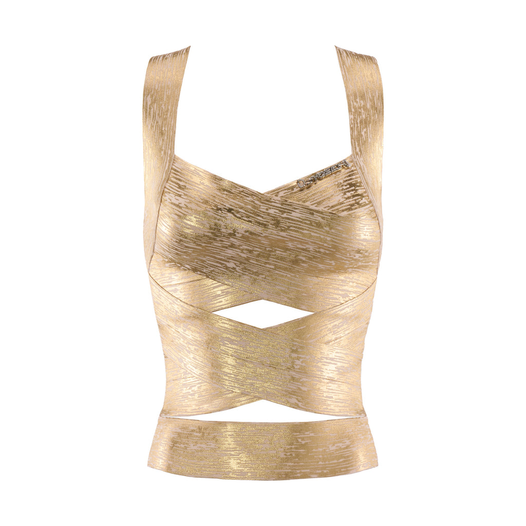 Aurora Gold Foil Fitted Crossover Bandage Top with Crystal Logo and Back Zipper