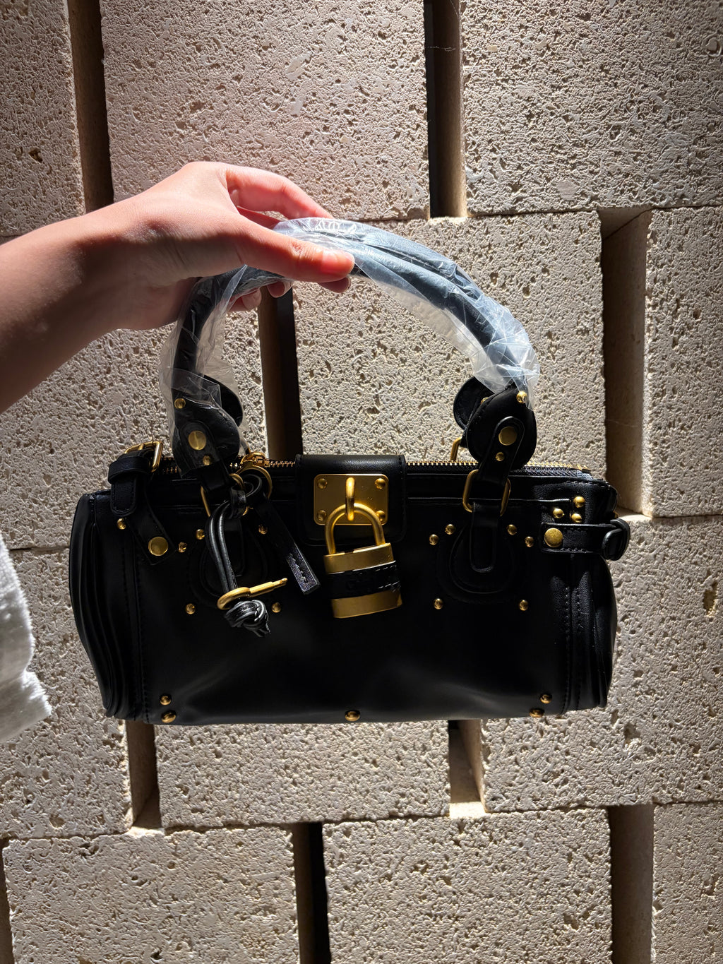 Padlock Structured Microfiber Leather Satchel