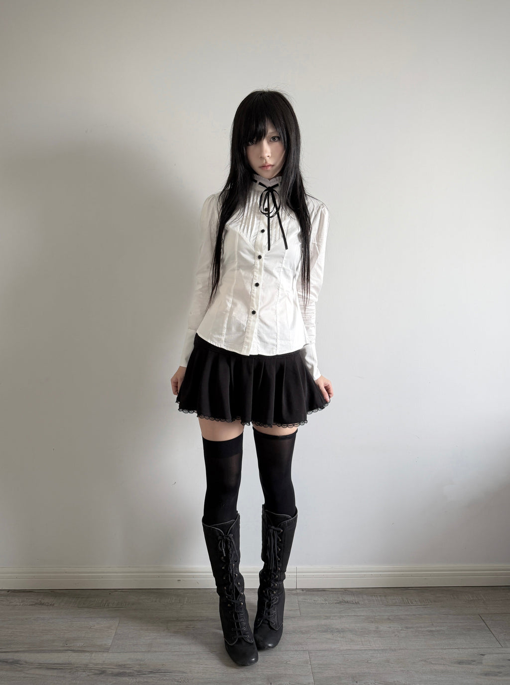 Accordion-Pleated Tie Stand-Collar Cotton Blouse with Fitted Waist