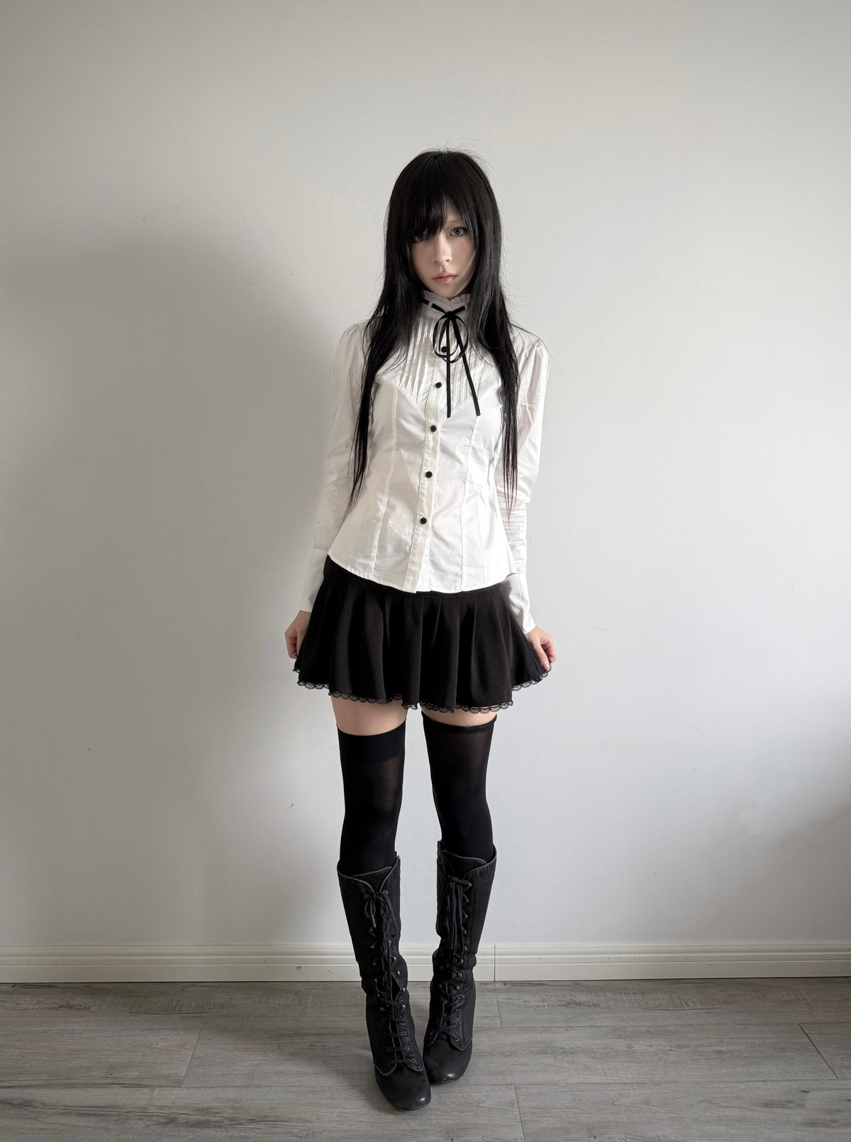 Accordion-Pleated Tie Stand-Collar Cotton Blouse with Fitted Waist