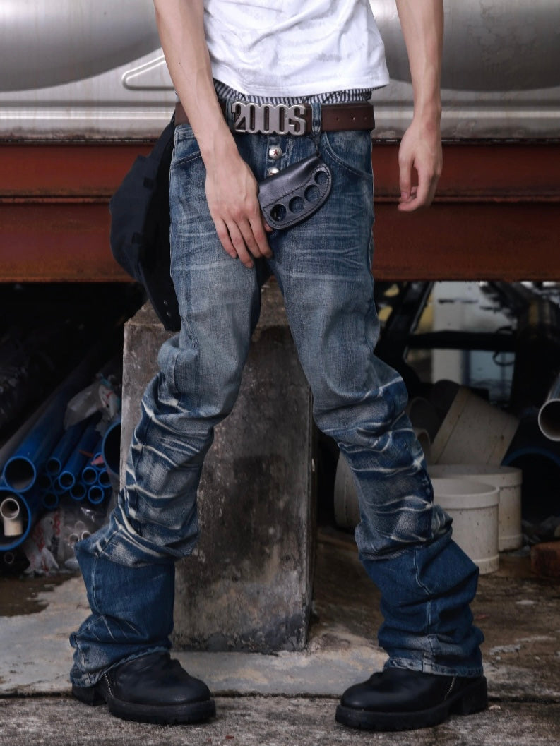 Fog Blue Cat Whisker Stacked Jeans - worn