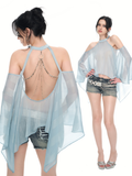 Ice blue off-shoulder chiffon top with chain detail and ruffled sleeves