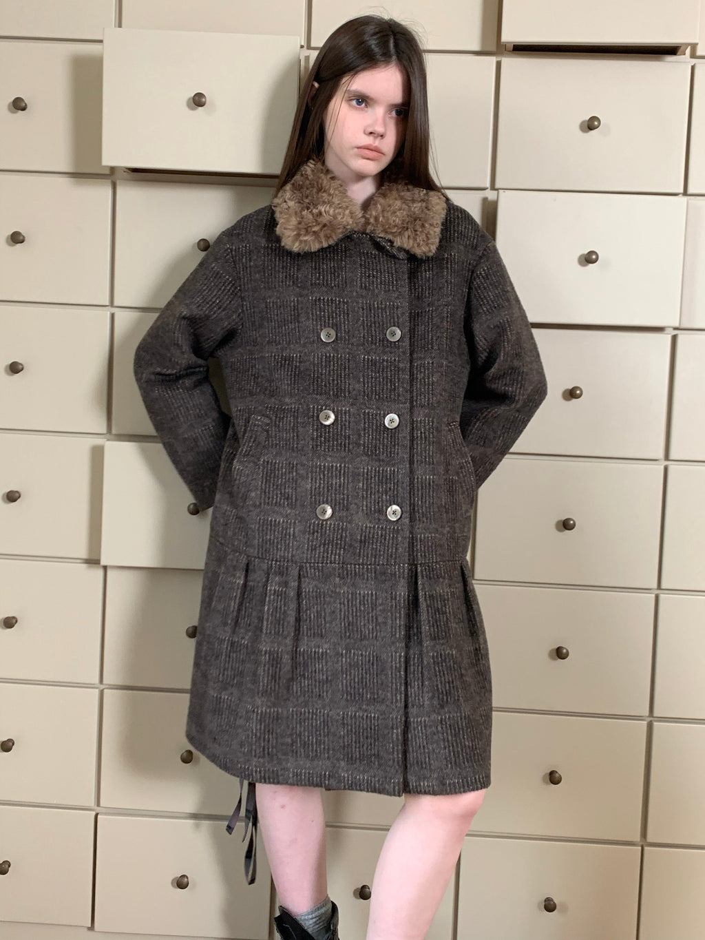 [A001079]Vintage ‘Darjeeling Check’ Wool Coat with Fur Collar