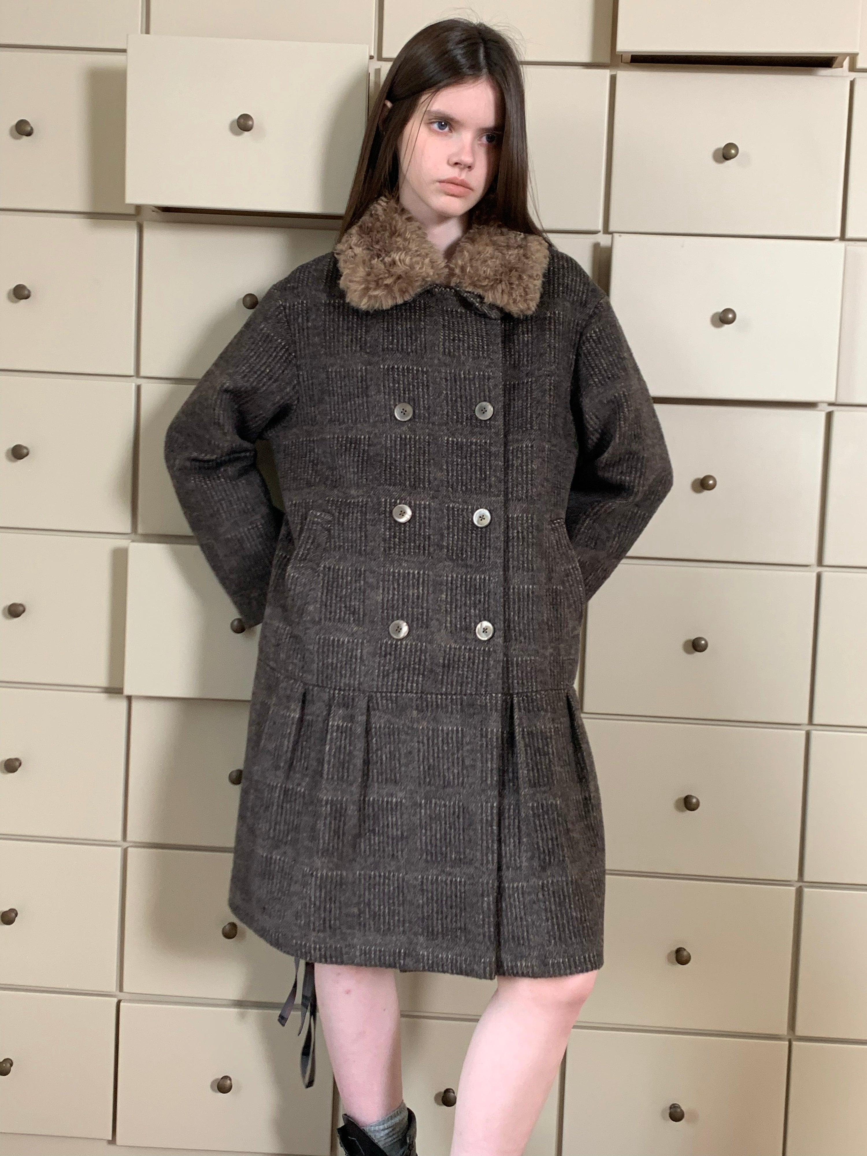 [A001079]Vintage ‘Darjeeling Check’ Wool Coat with Fur Collar