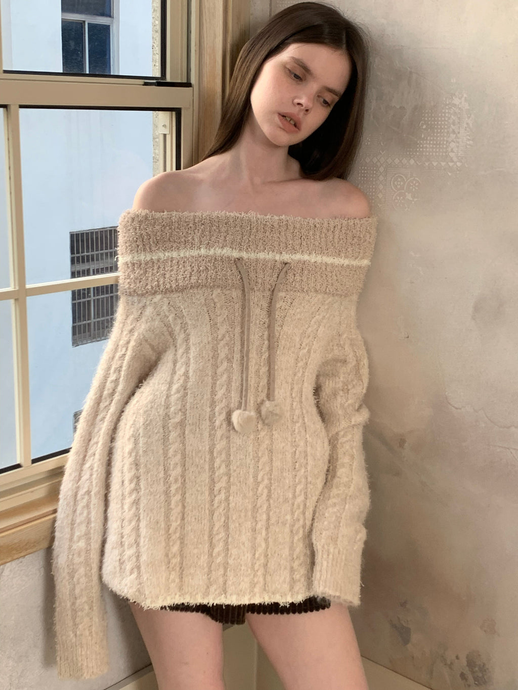 [A001080]Poetic Minimalist Beige Off-Shoulder Knit Sweater