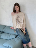 [A001053]Off-Shoulder Bat-Sleeve Tee with Teddy Bear & Fringe Details