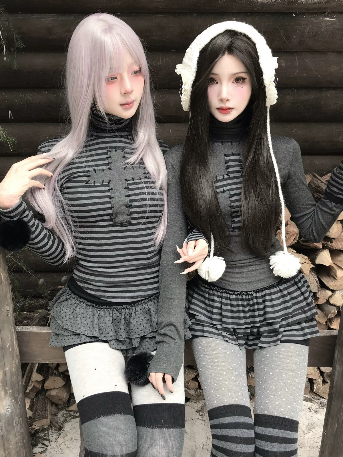 Gothic Striped Turtleneck Top – Light Gray