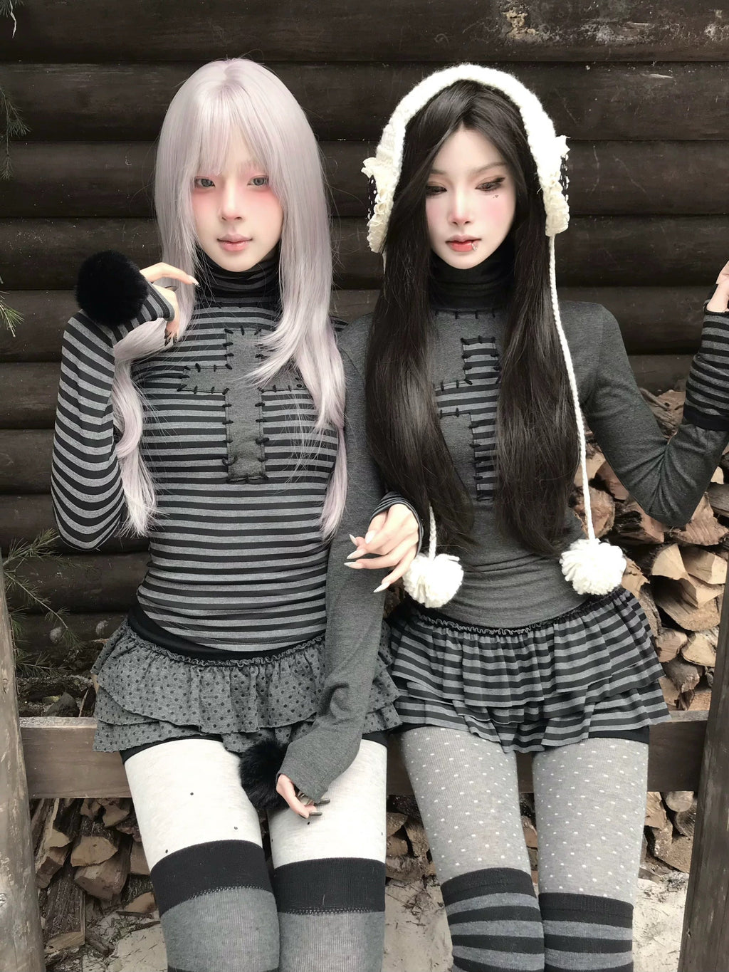 Gothic Striped Turtleneck Top – Light Gray