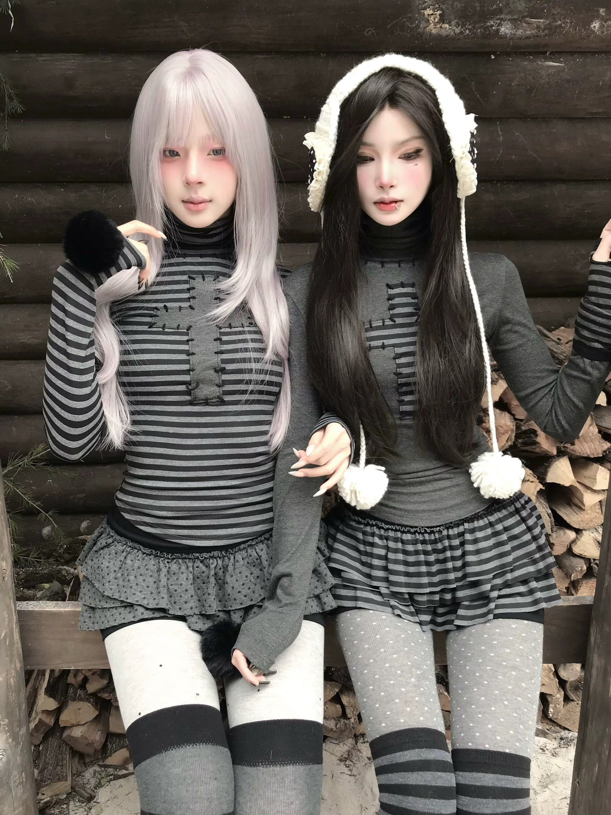 Gothic Striped Turtleneck Top – Light Gray