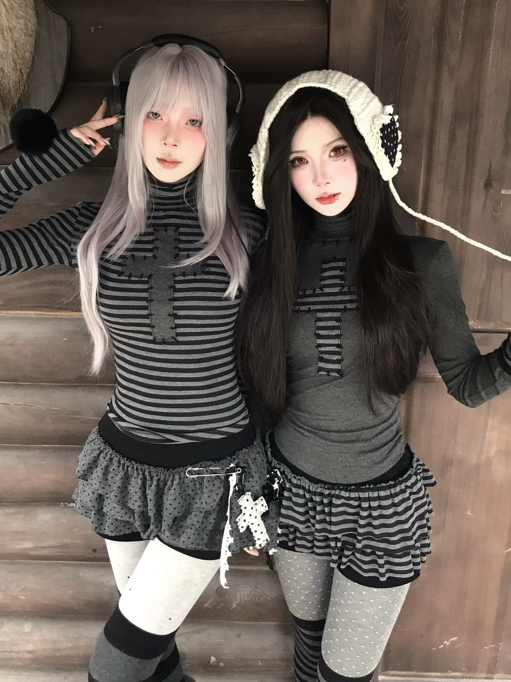 Gothic Striped Turtleneck Top – Light Gray