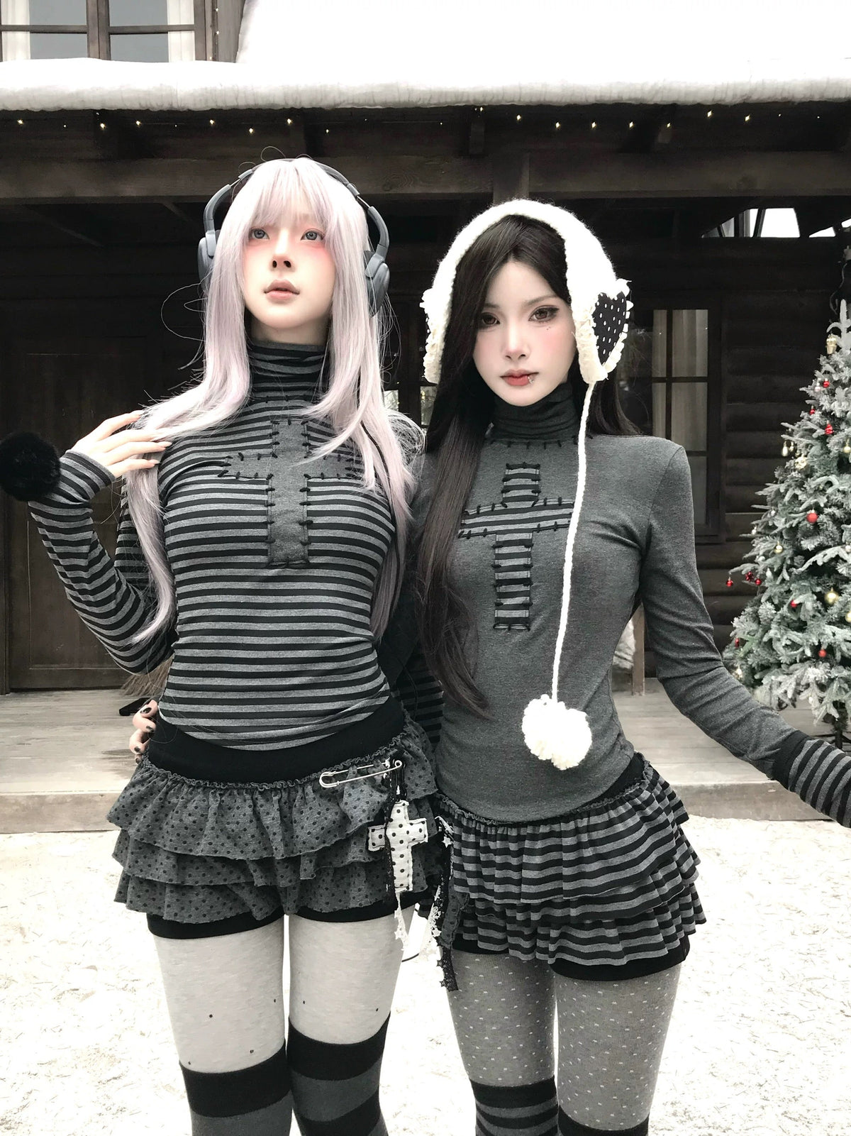 Gothic Striped Turtleneck Top – Light Gray