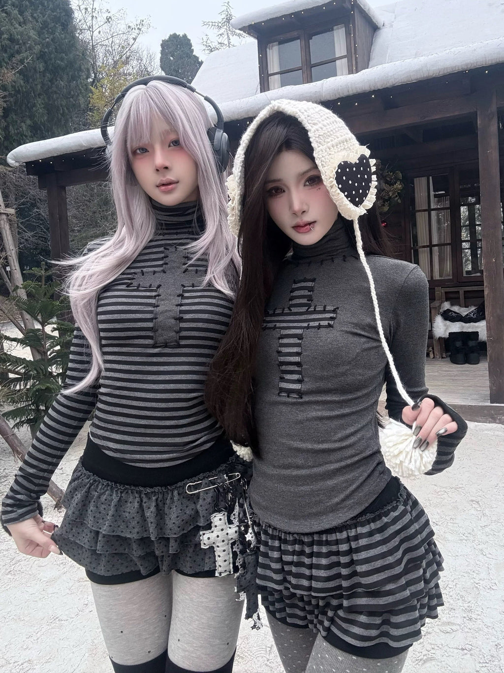 Gothic Striped Turtleneck Top – Light Gray