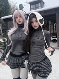 Gothic Striped Turtleneck Top – Light Gray