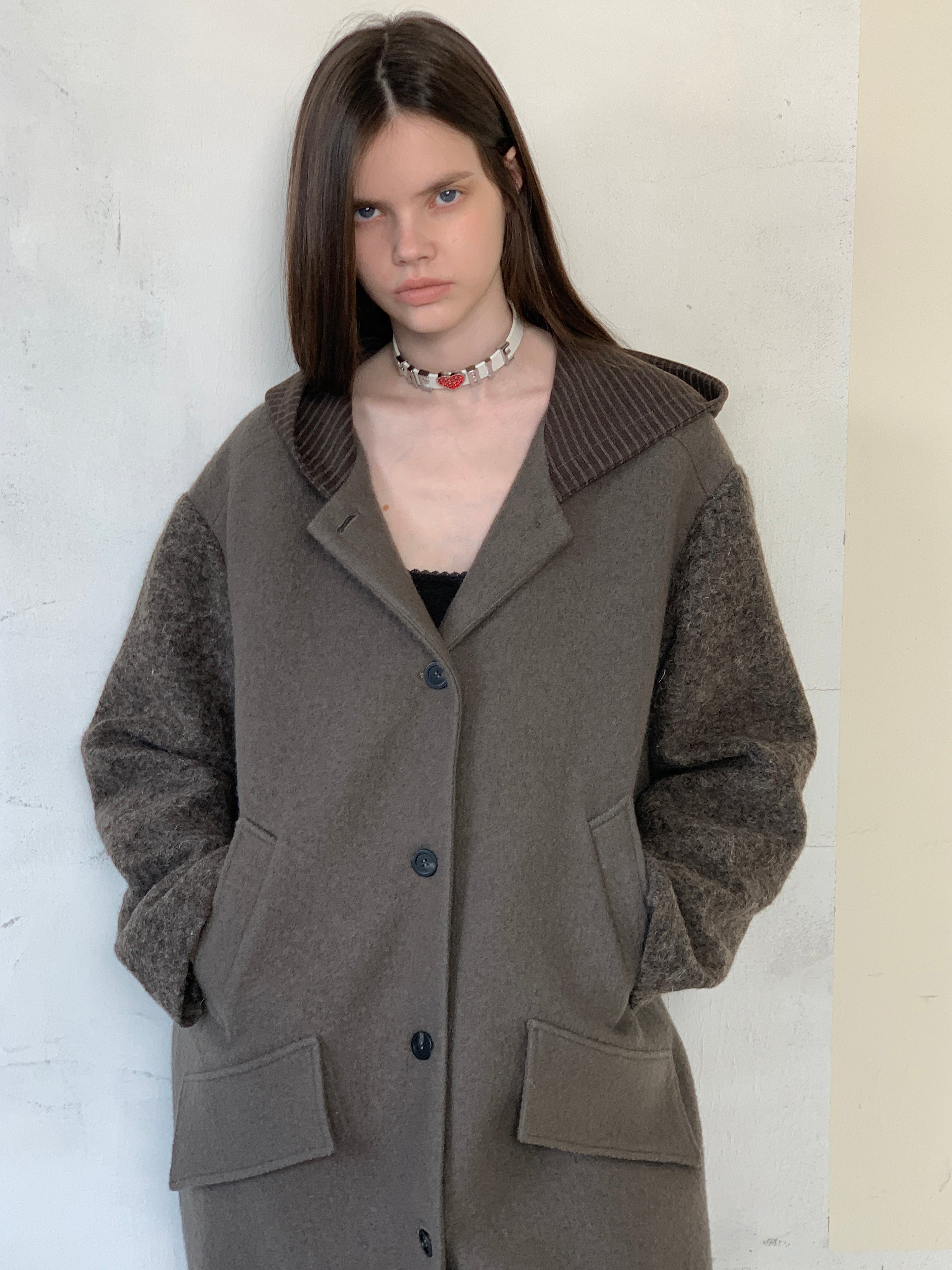 [A001059]London-Inspired Wool Blend Coat - Modern Color Block Design