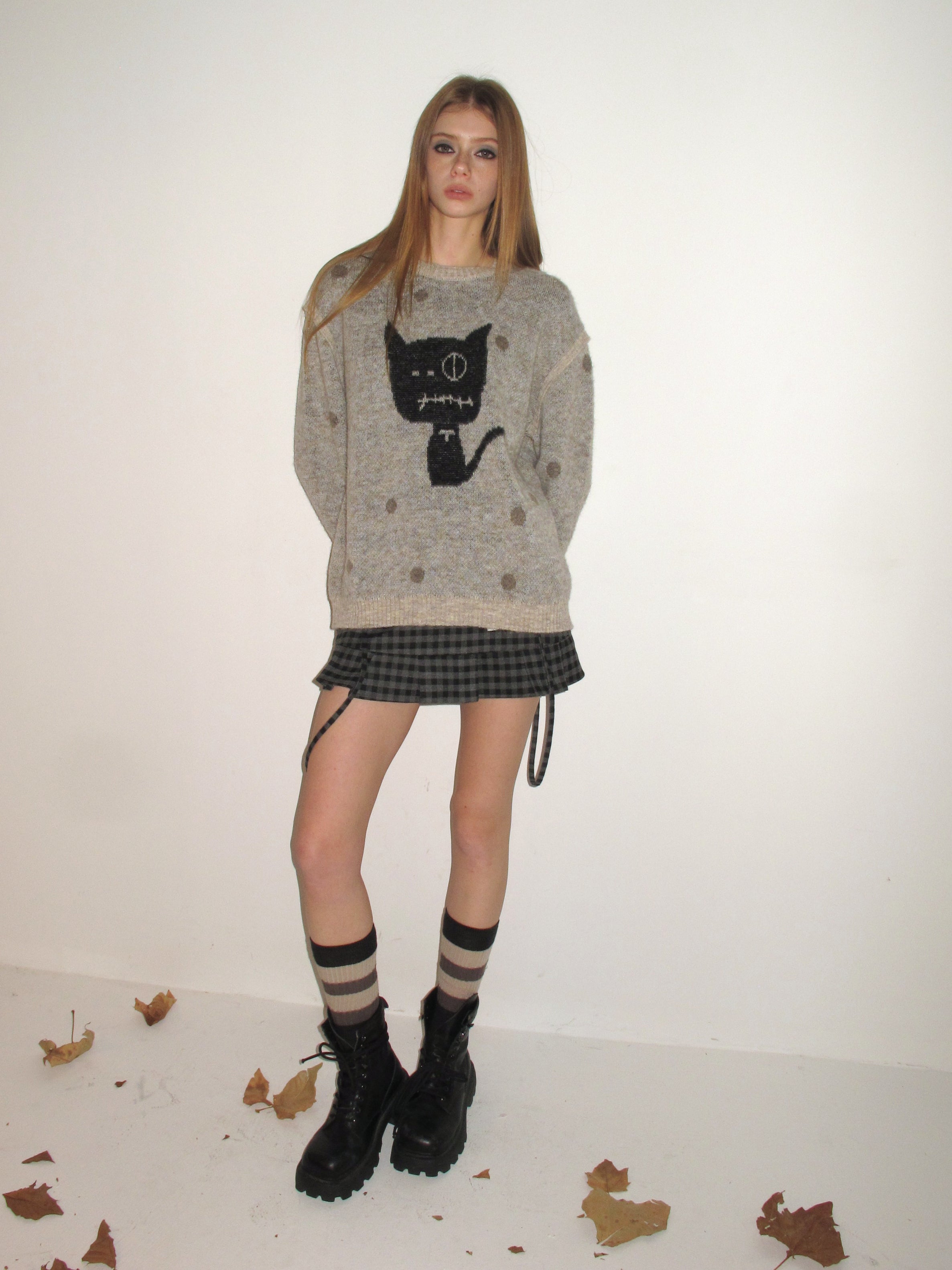 [A001144]Bandage Cat Polka Dot Mock Layered Sweater