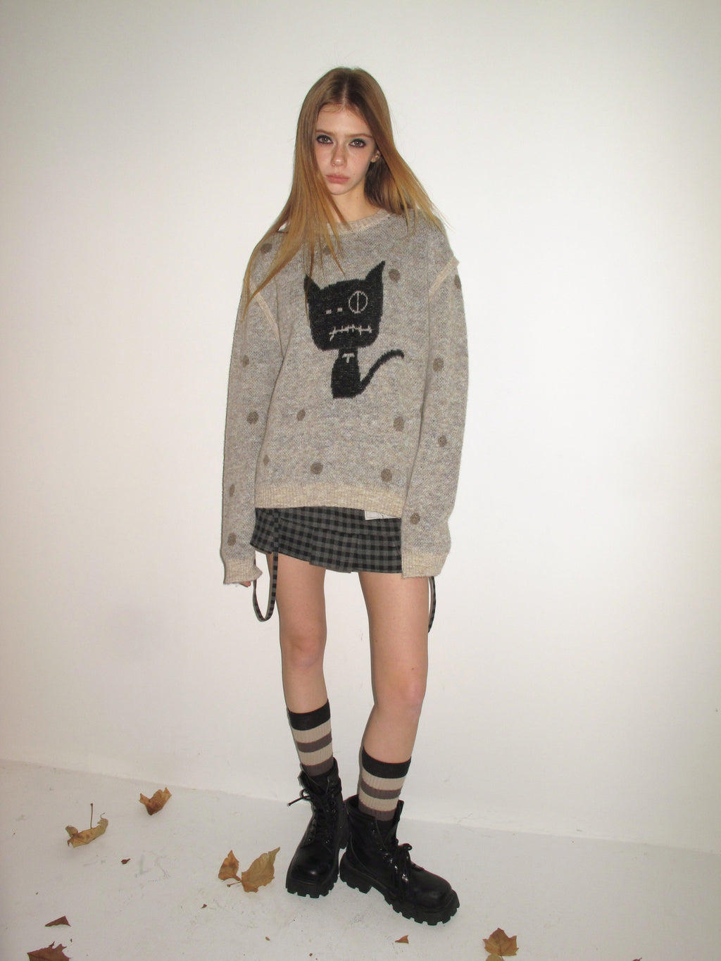 [A001144]Bandage Cat Polka Dot Mock Layered Sweater
