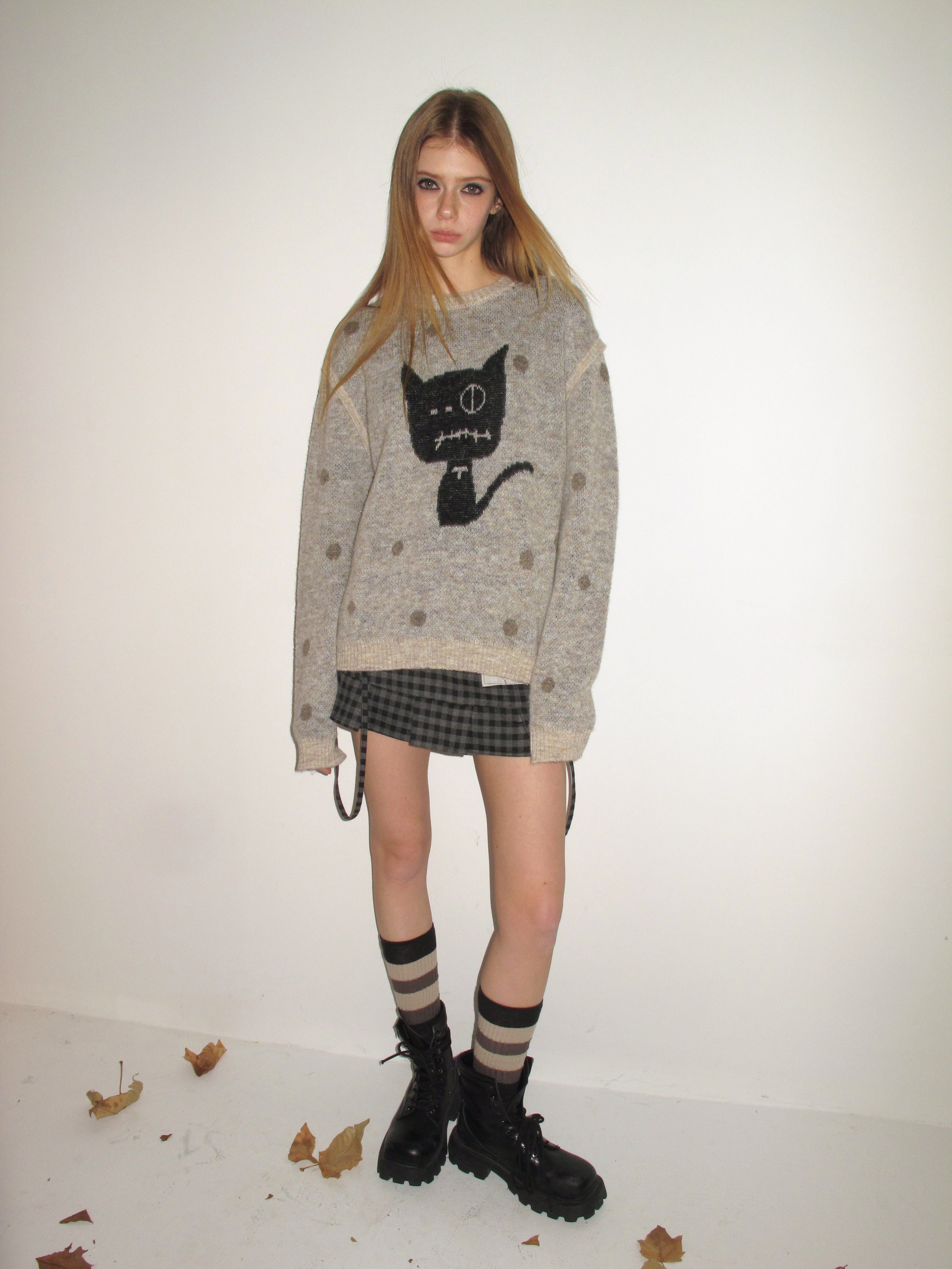 [A001144]Bandage Cat Polka Dot Mock Layered Sweater
