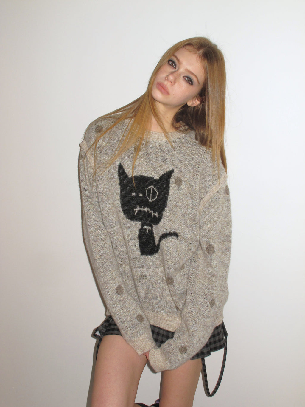 [A001144]Bandage Cat Polka Dot Mock Layered Sweater