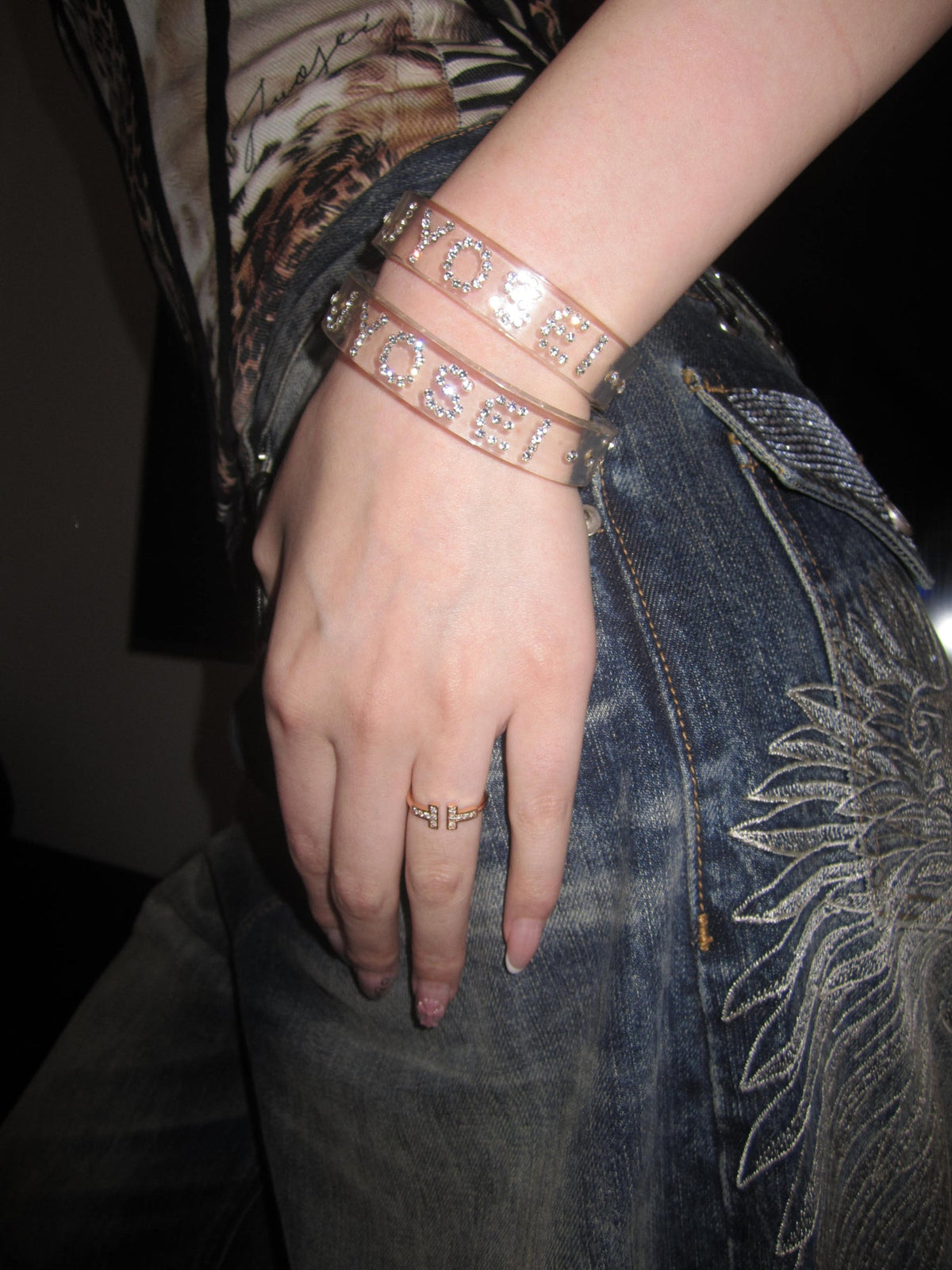 Aria Clear Acrylic Rhinestone Letter Slim Open Cuff Bracelet